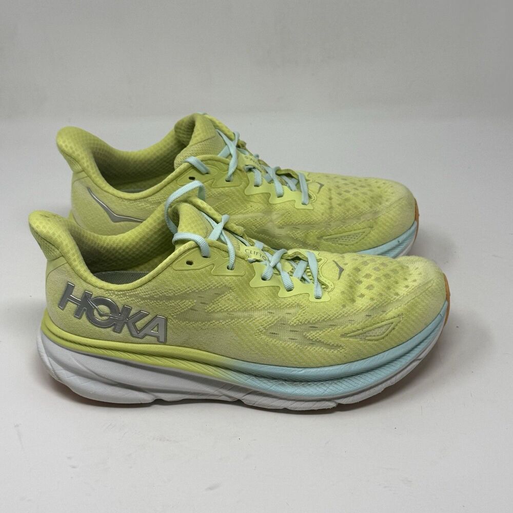 Hoka One One Clifton 9 Womens 9.5 M Yellow Blue Running Walking Shoes Sneakers - Picture 3 of 16